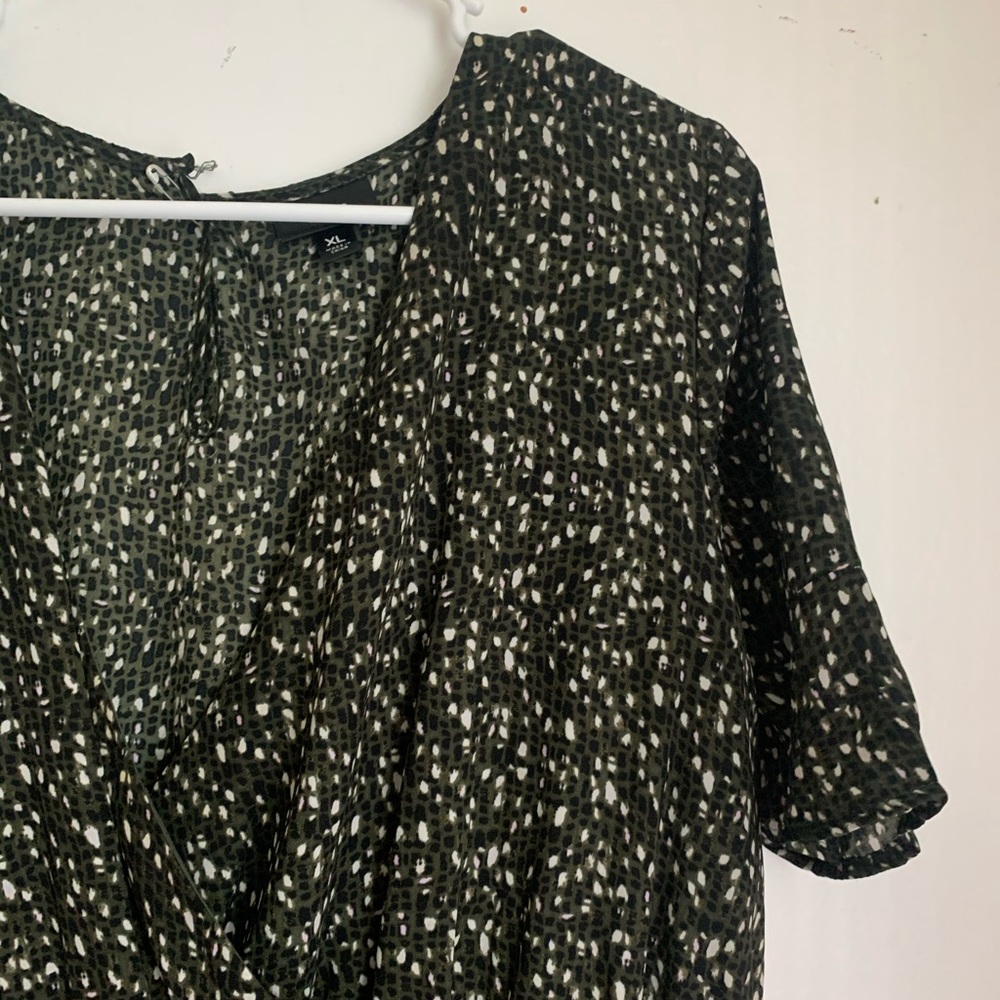 Dark green, ivory, and black tortoise print dress